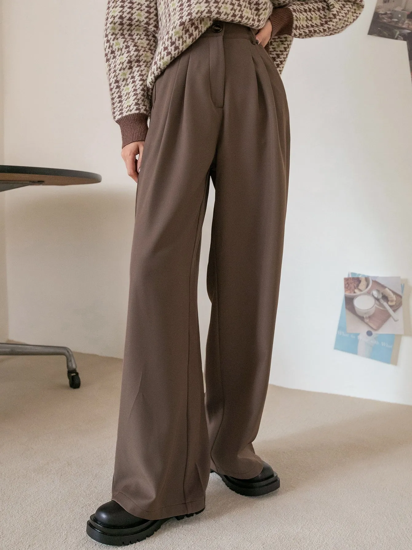 Elegant Plain Pleated High Waist Long Women Pants