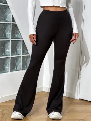 Elegant Plain Rib-Knit High Waist Long Women Pants