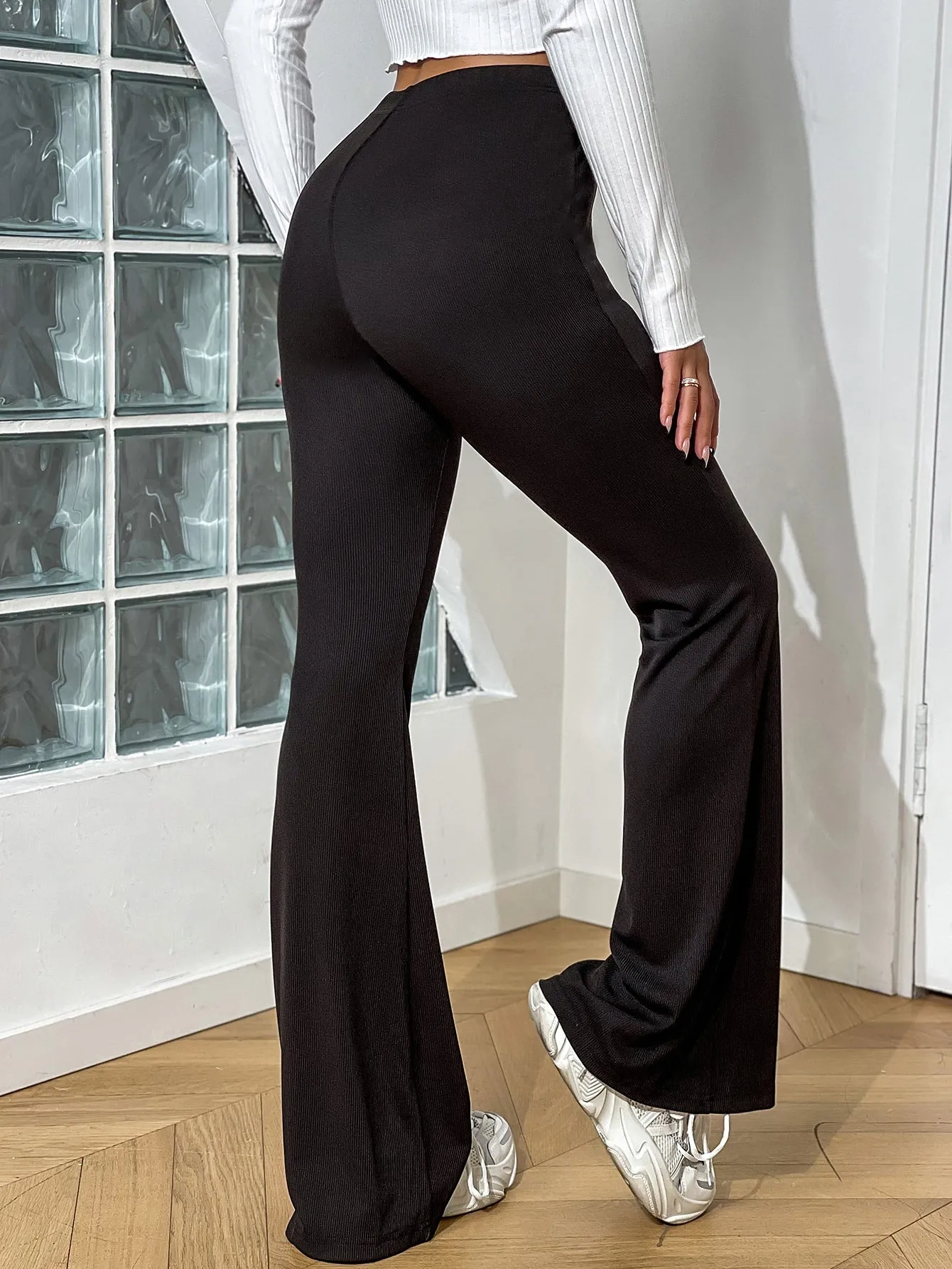 Elegant Plain Rib-Knit High Waist Long Women Pants