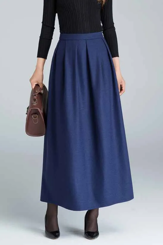 Elegant pleated maxi wool skirt 1629#