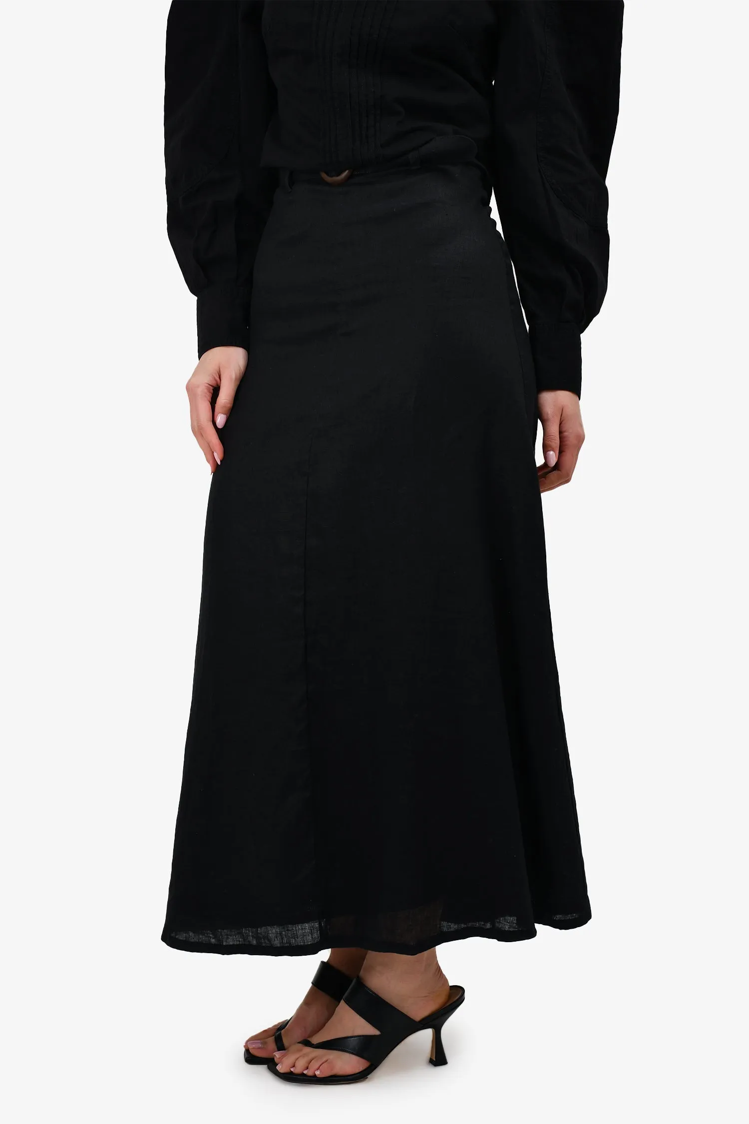 Faithfull The Brand Black Linen Belted Maxi Skirt Size 2