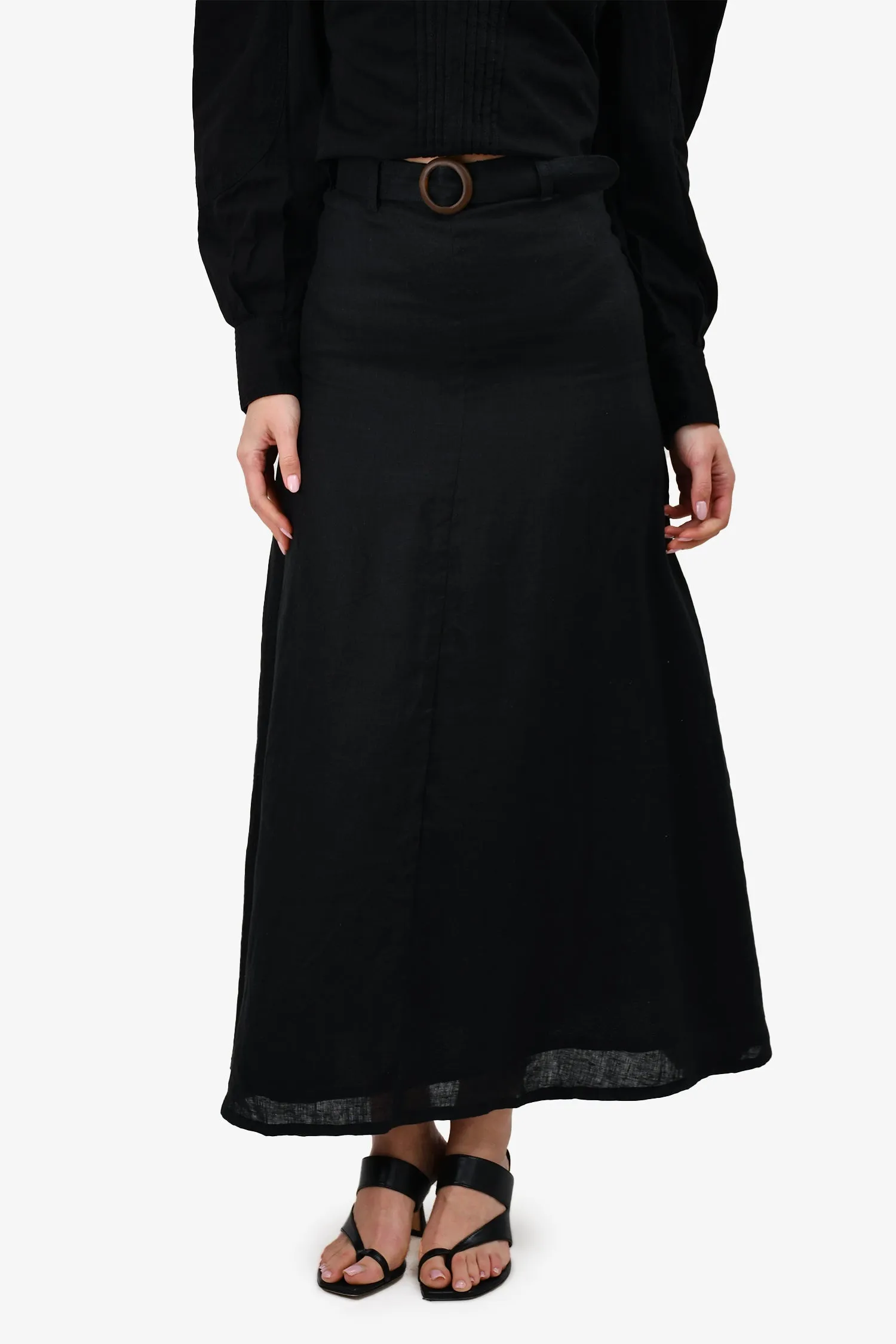 Faithfull The Brand Black Linen Belted Maxi Skirt Size 2