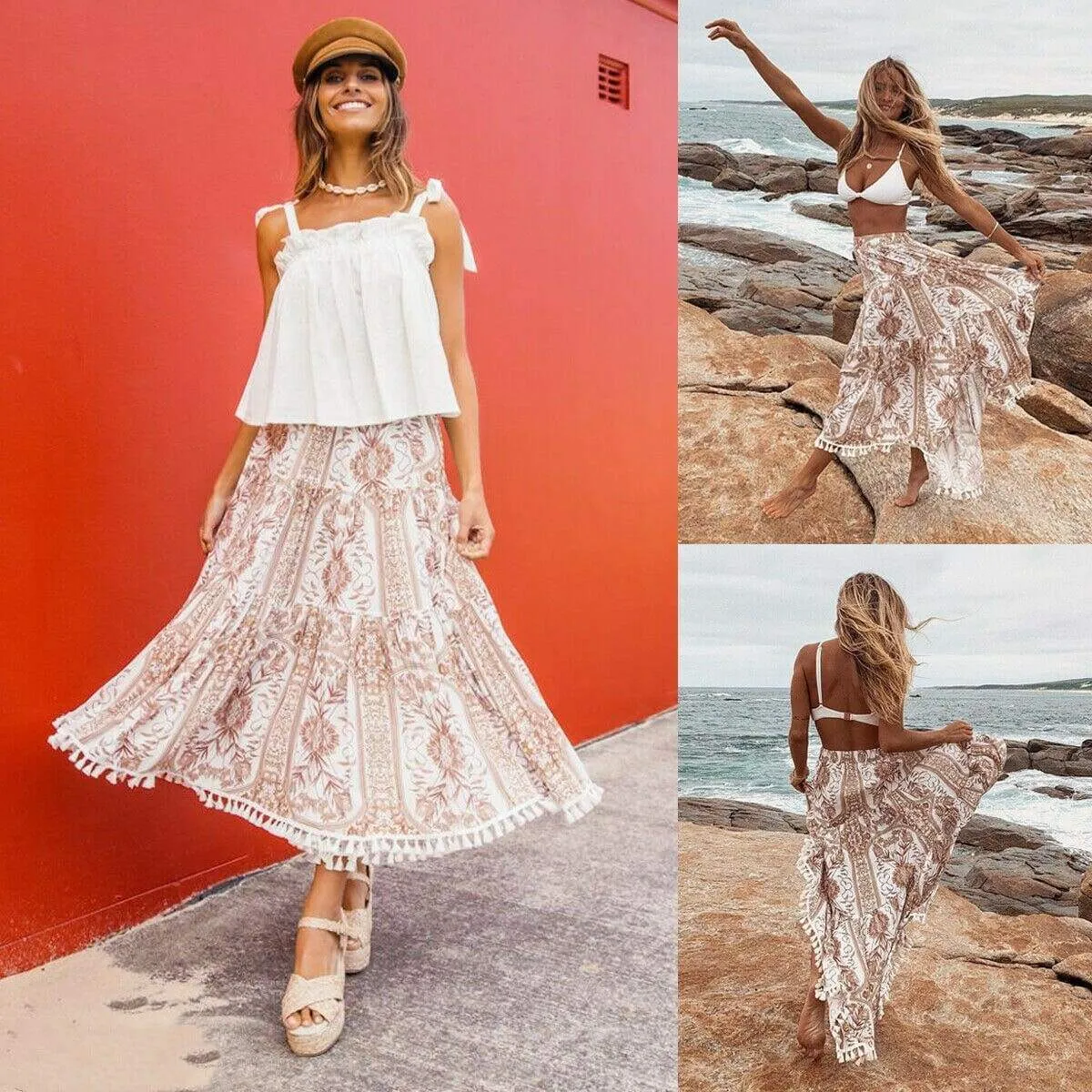 FashionSierra - New Women Summer Boho Floral Print Maxi Skirt Summer Holiday Long Skirt Beach Skirt arrival Long Retro Skirt Sundress Hot