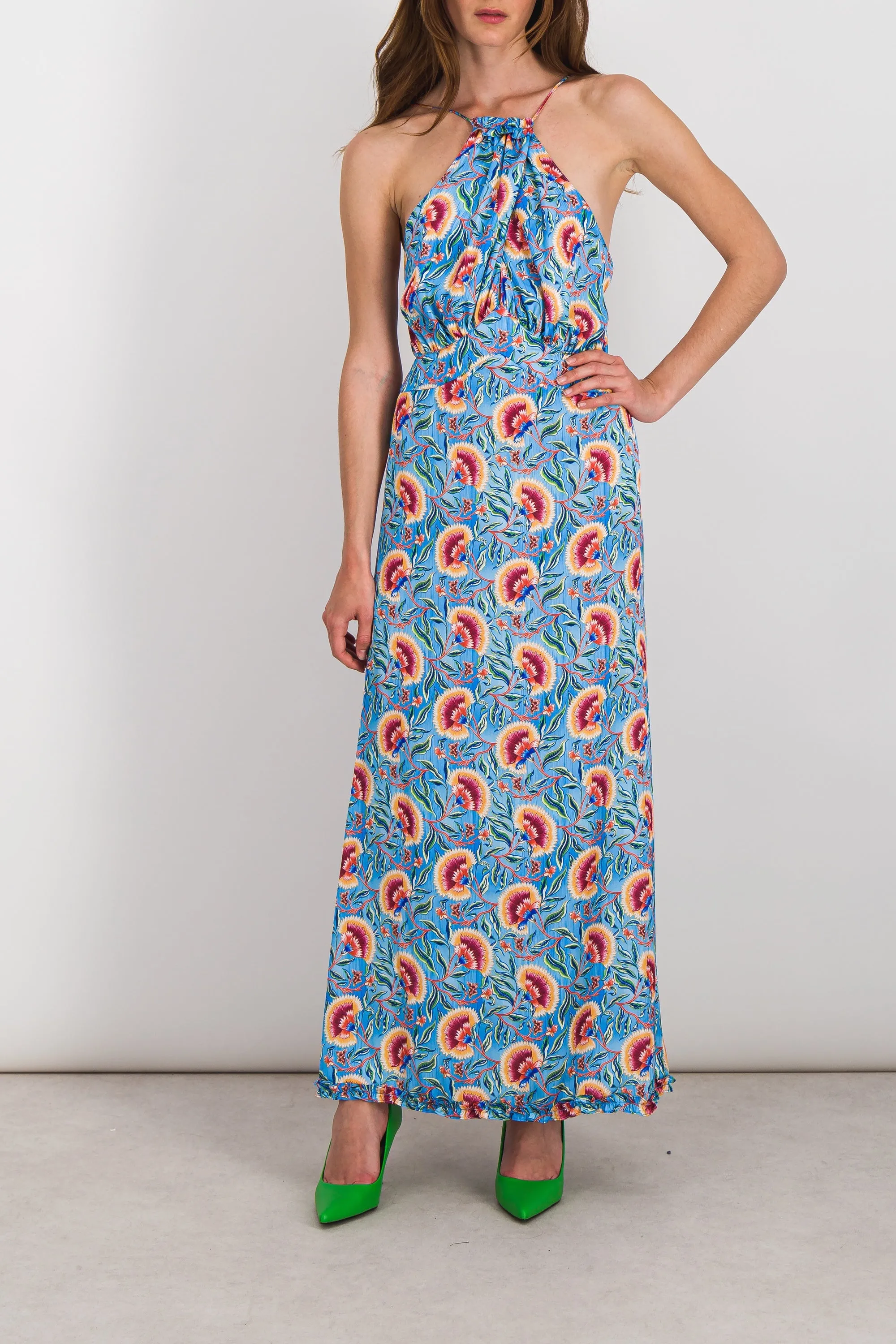 Fluid flower printed halterneck maxi dress