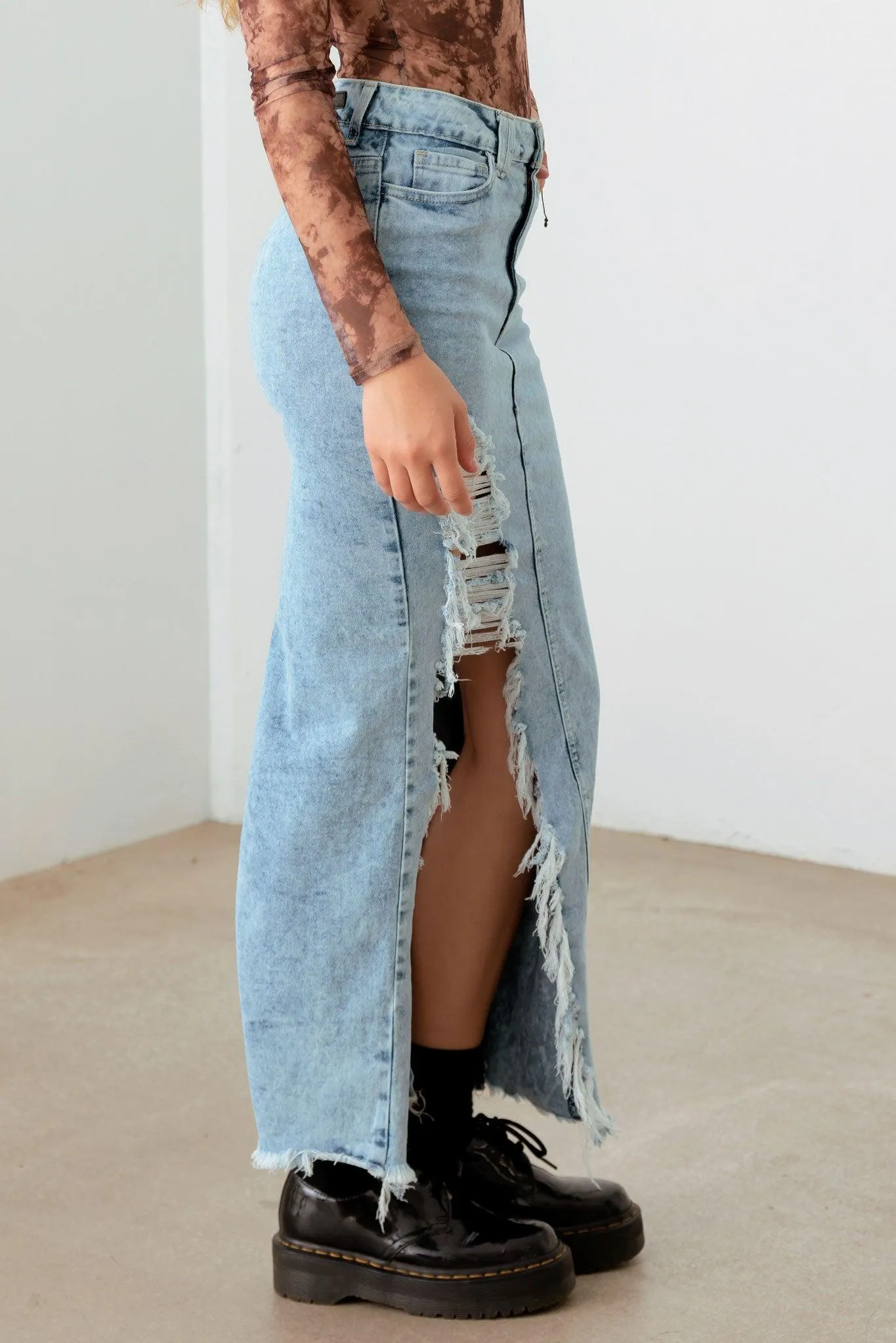 Front & Back Slit Cargo Pocket Maxi Denim Skirt