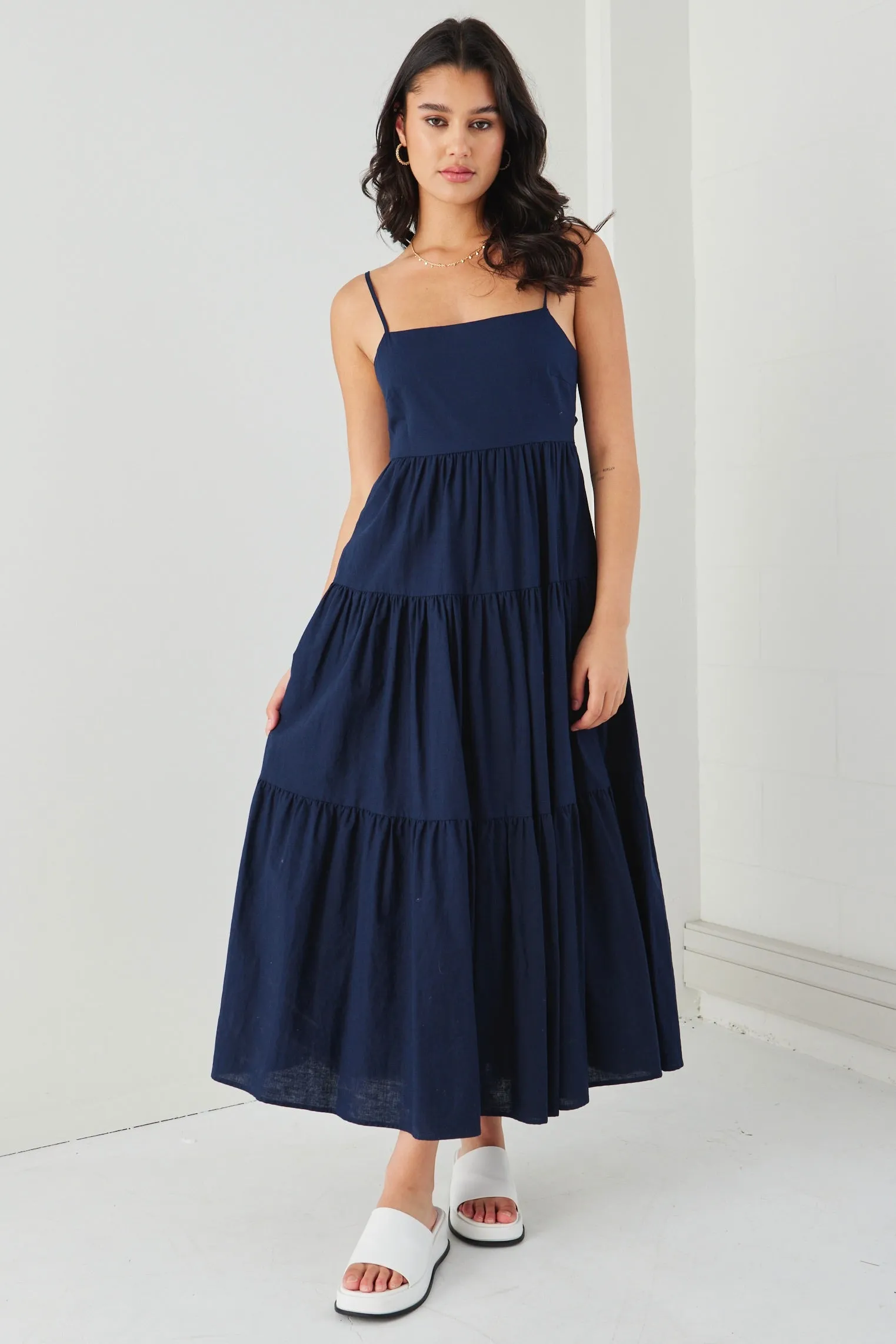 Galaxy Navy Linen Tie Back Tiered Strappy Maxi Dress