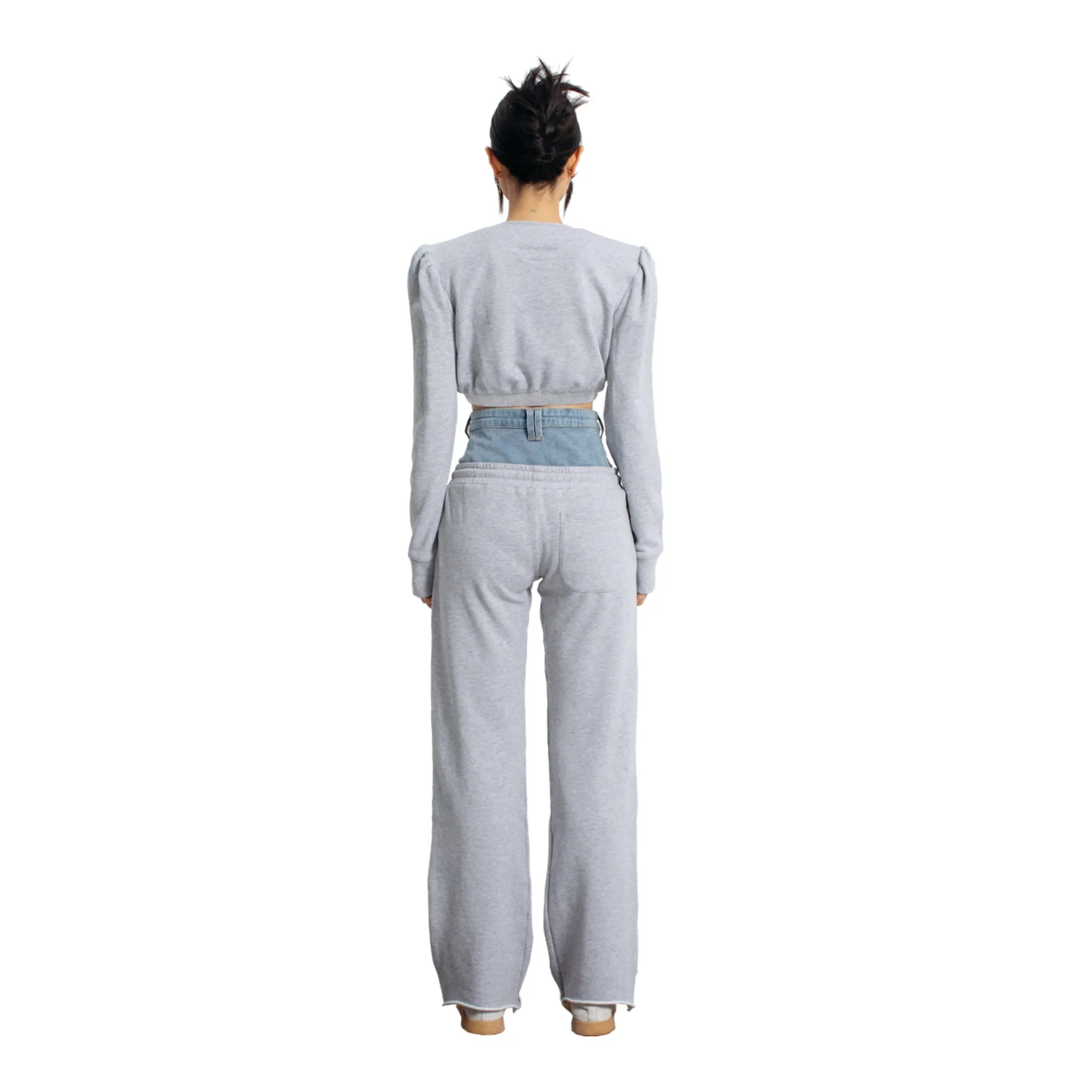 Gray Patchwork Denim Double Waist Sweatpants