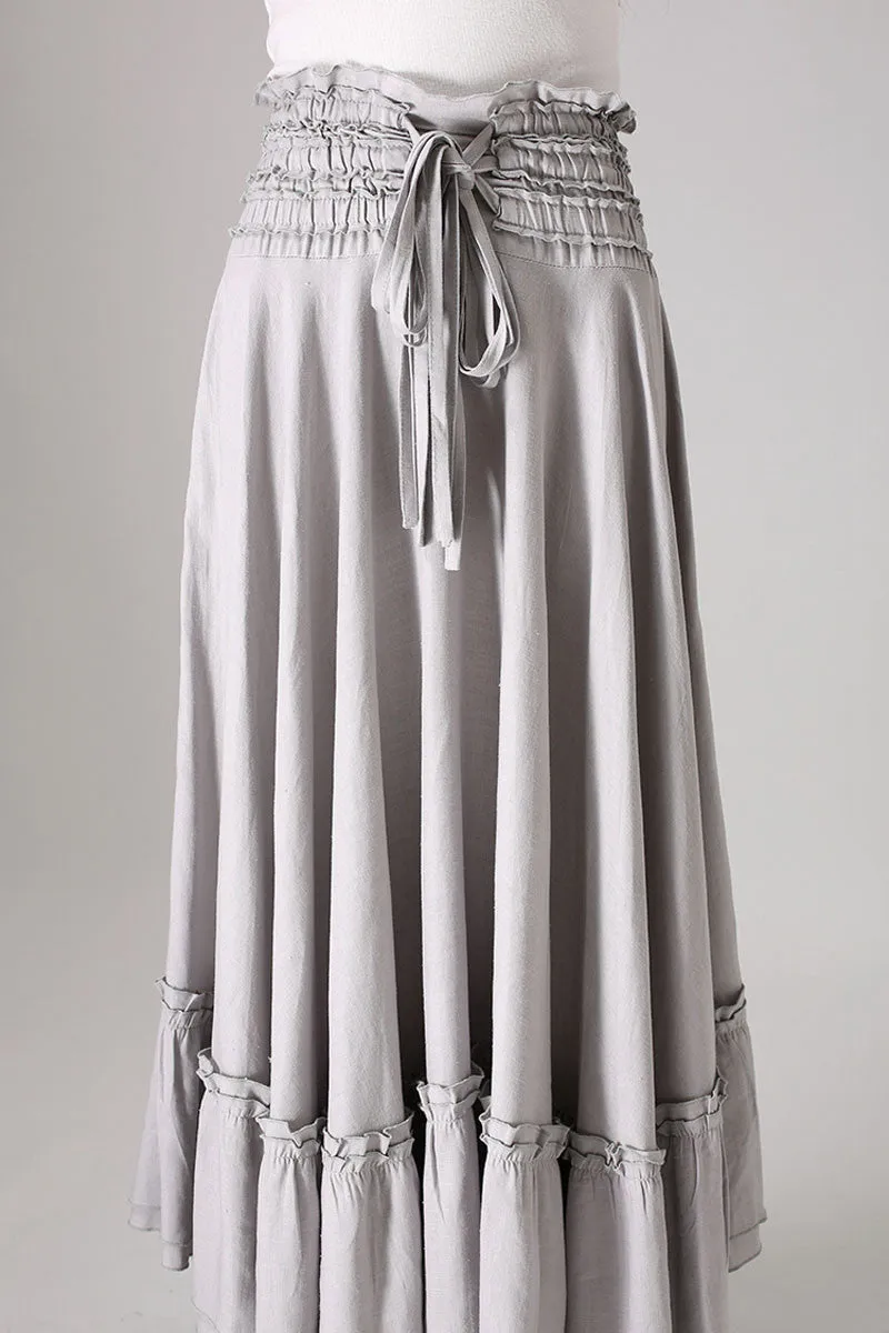 gray skirt ruffle detail Maxi skirt woman linenskirt 0849#