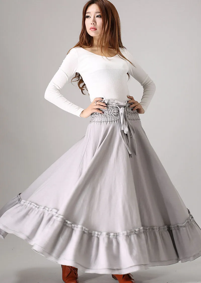 gray skirt ruffle detail Maxi skirt woman linenskirt 0849#