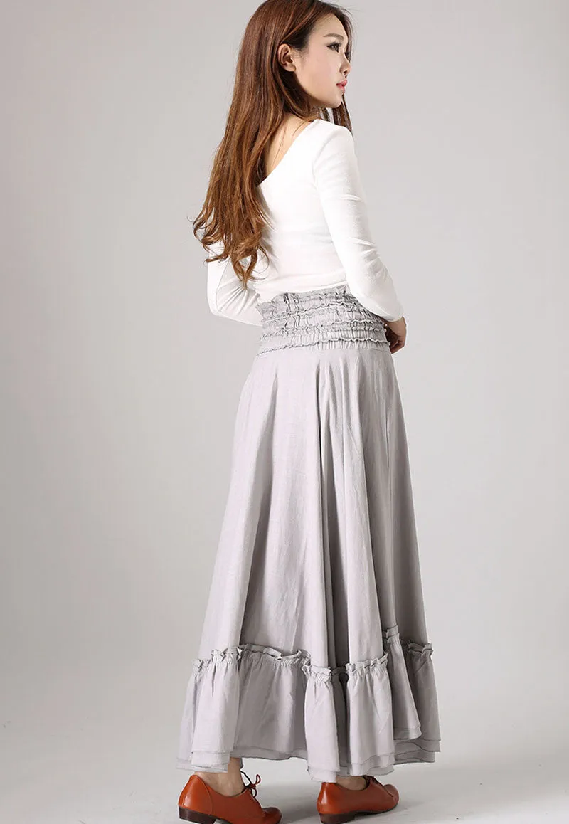 gray skirt ruffle detail Maxi skirt woman linenskirt 0849#