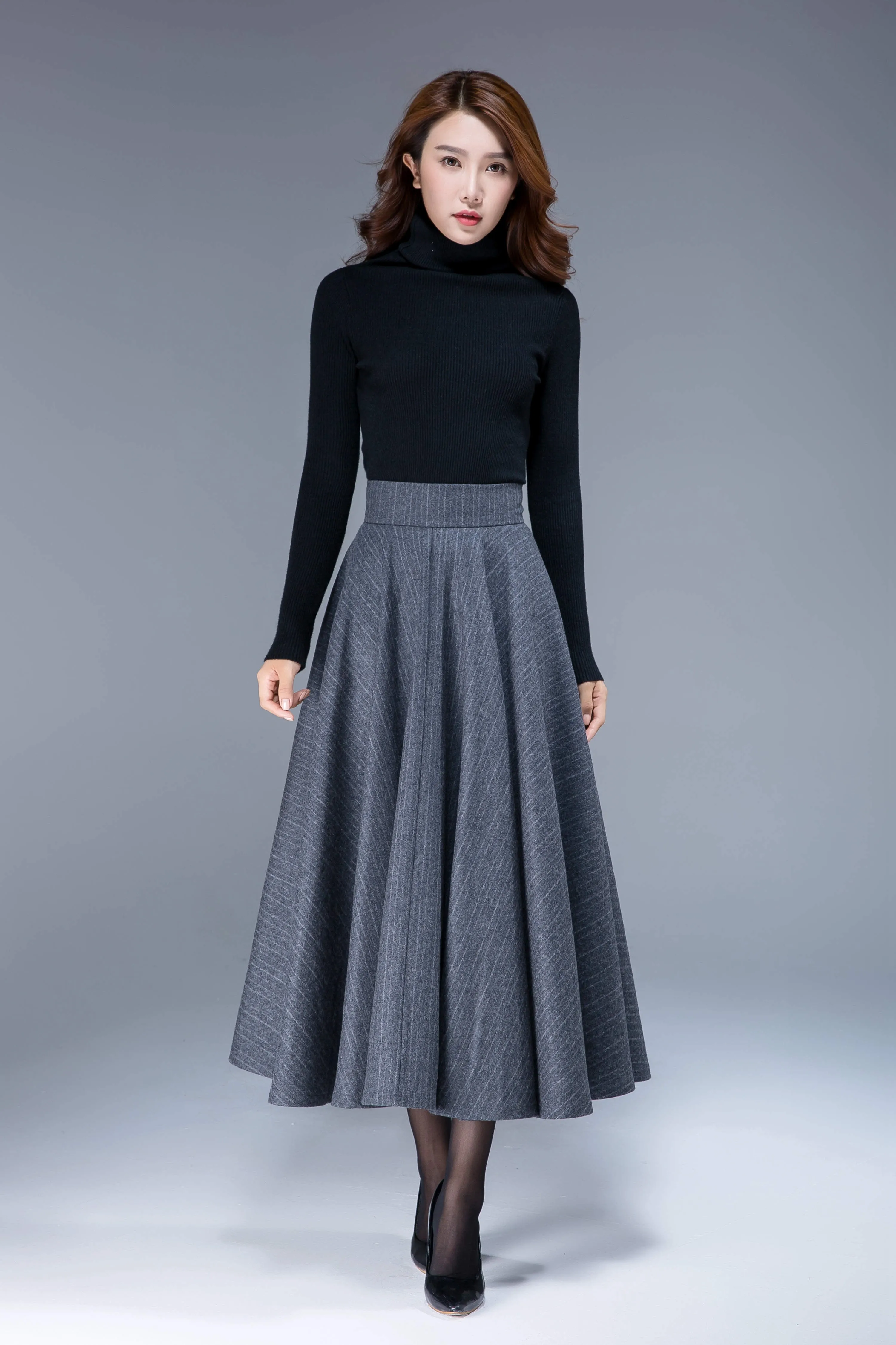 gray wool skirt, wool skirt, striped skirt, swing skirt, maxi skirt, full skirt 1792