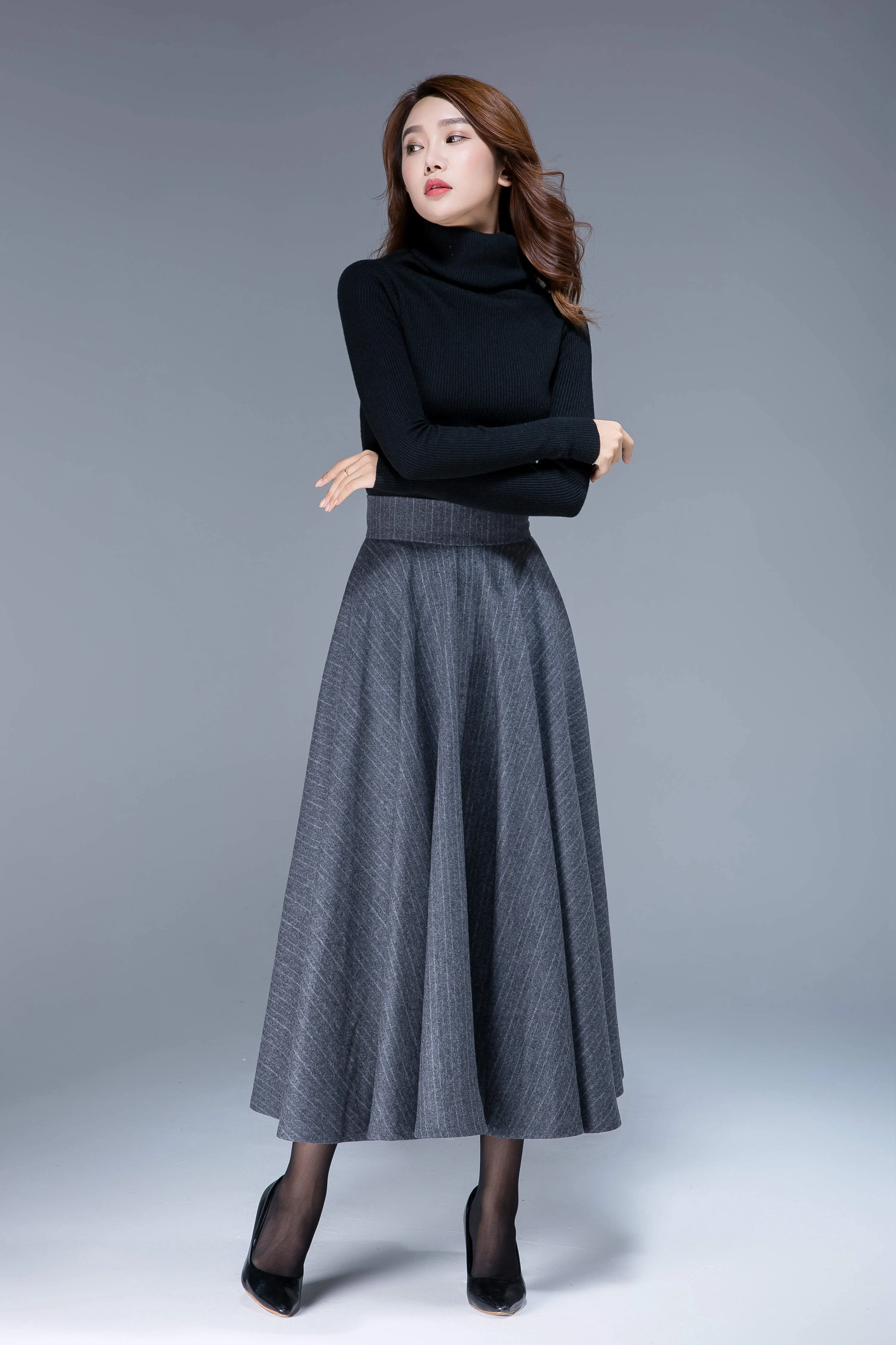 gray wool skirt, wool skirt, striped skirt, swing skirt, maxi skirt, full skirt 1792