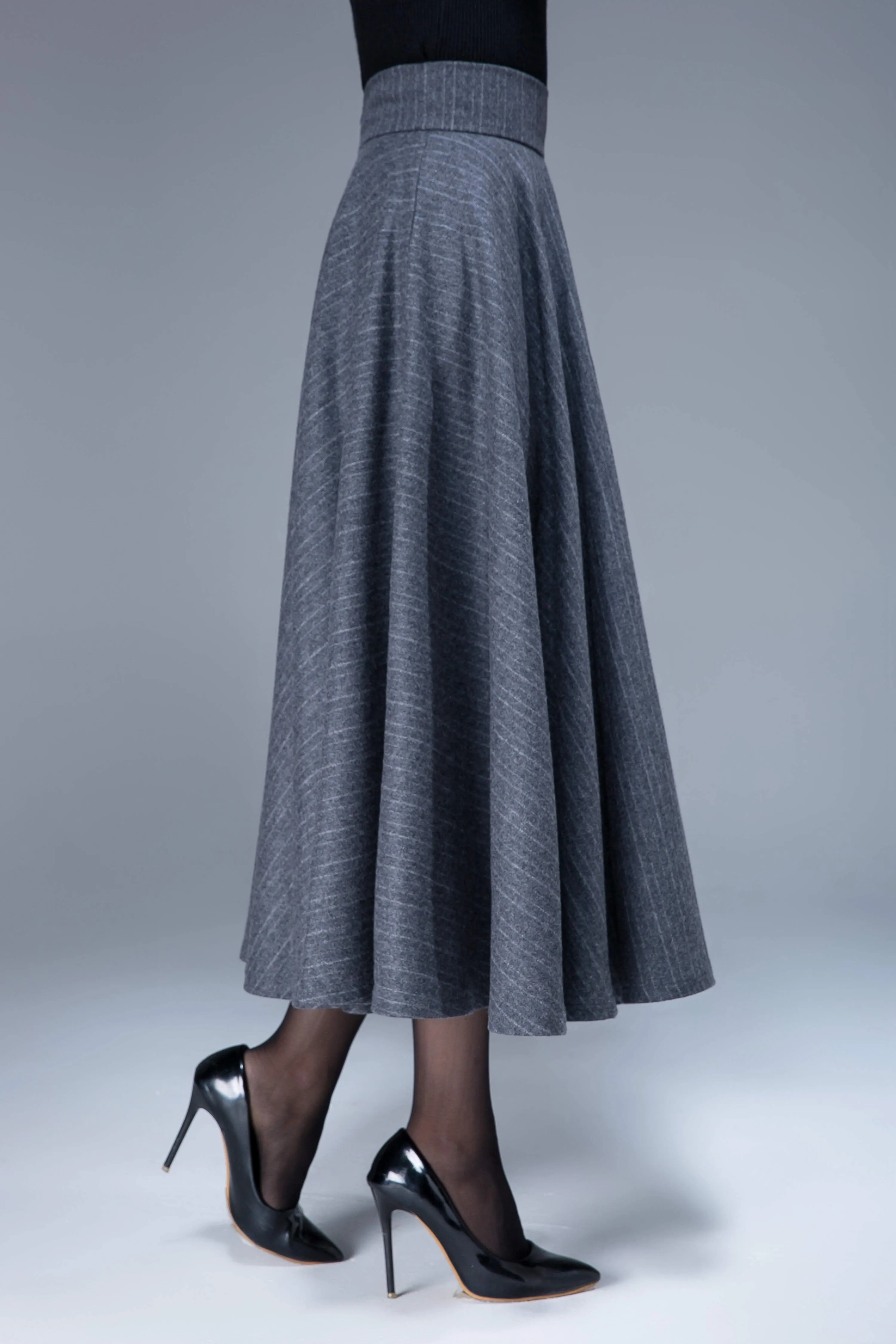 gray wool skirt, wool skirt, striped skirt, swing skirt, maxi skirt, full skirt 1792