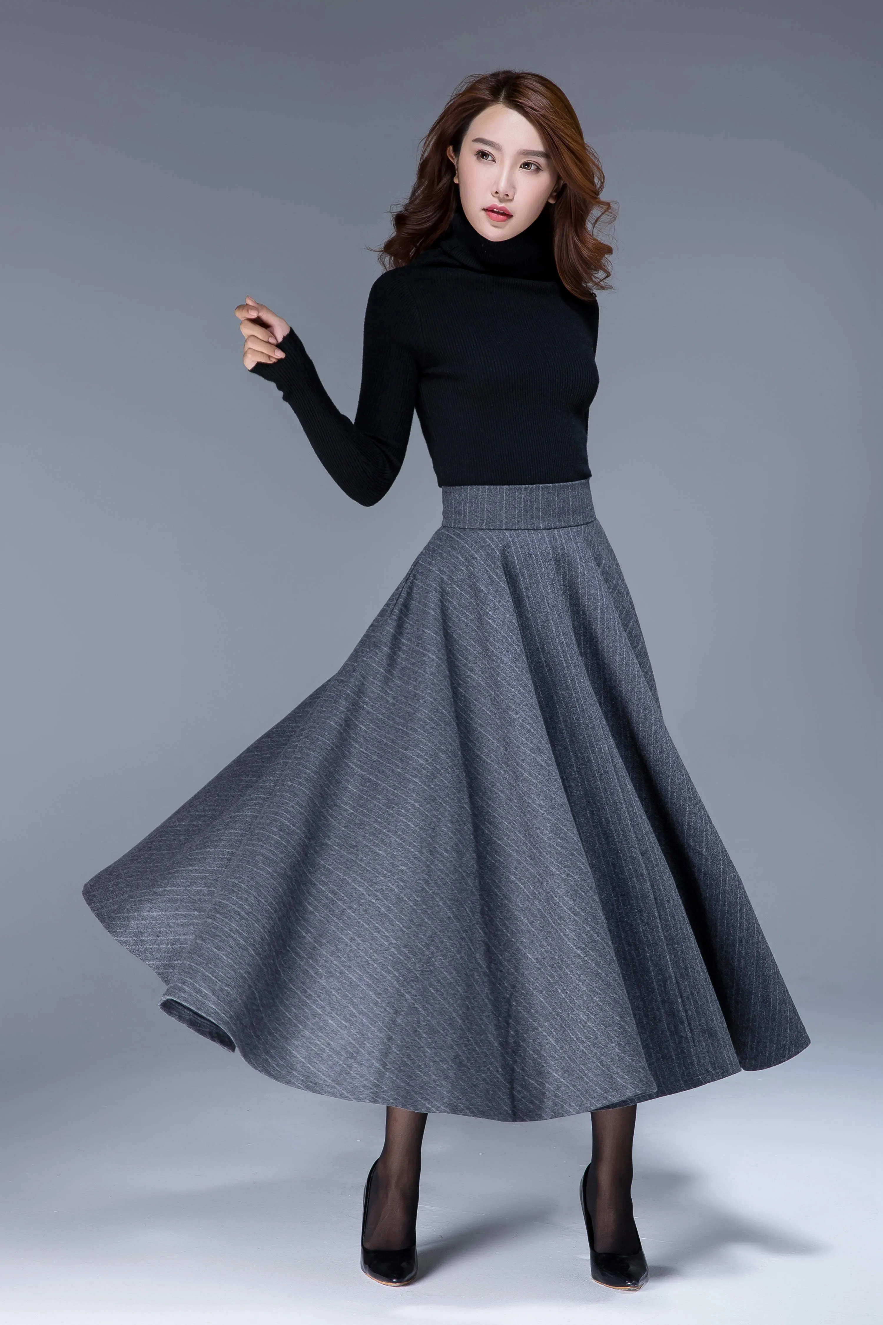 gray wool skirt, wool skirt, striped skirt, swing skirt, maxi skirt, full skirt 1792