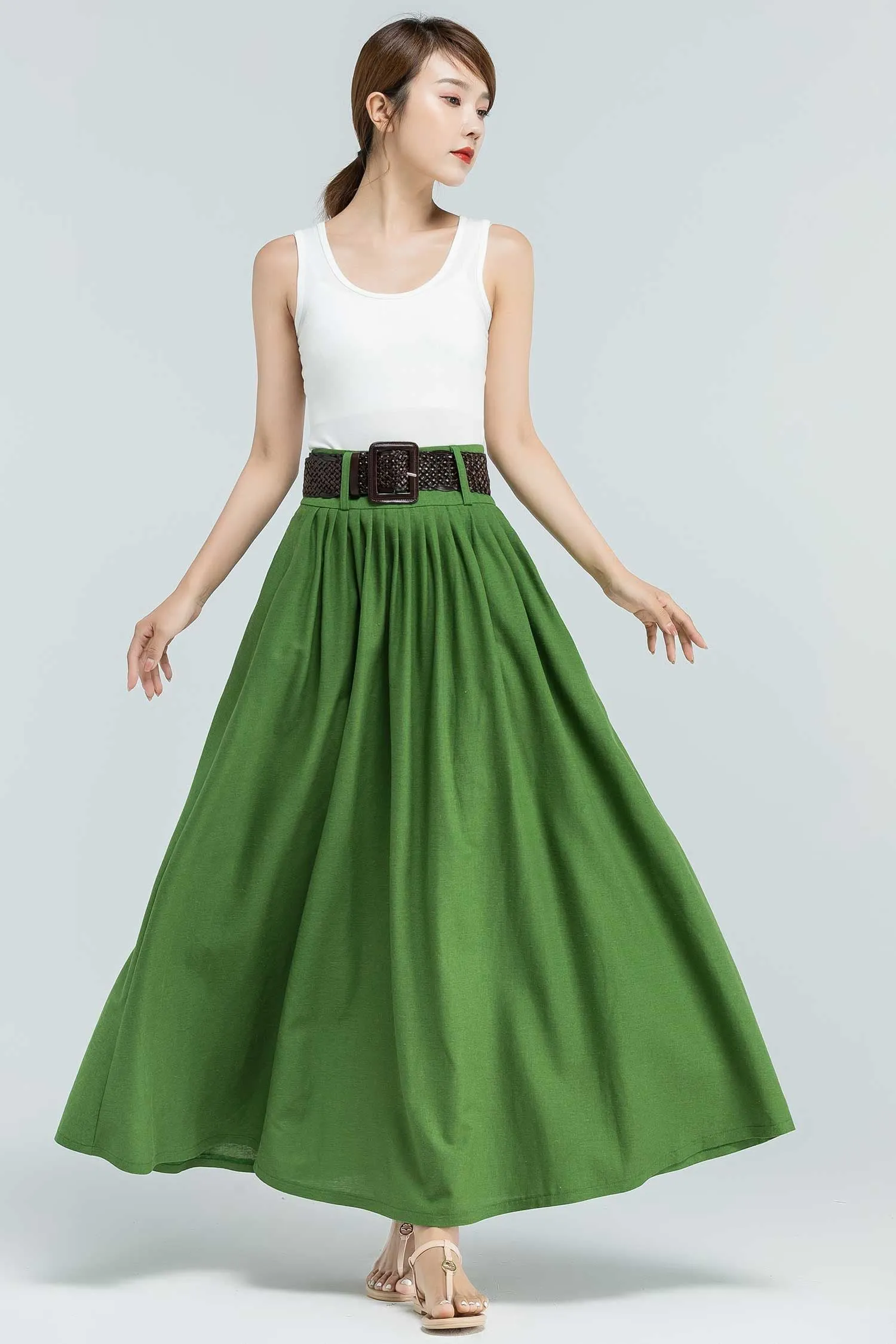 Green Linen Maxi skirt with pockets 2381