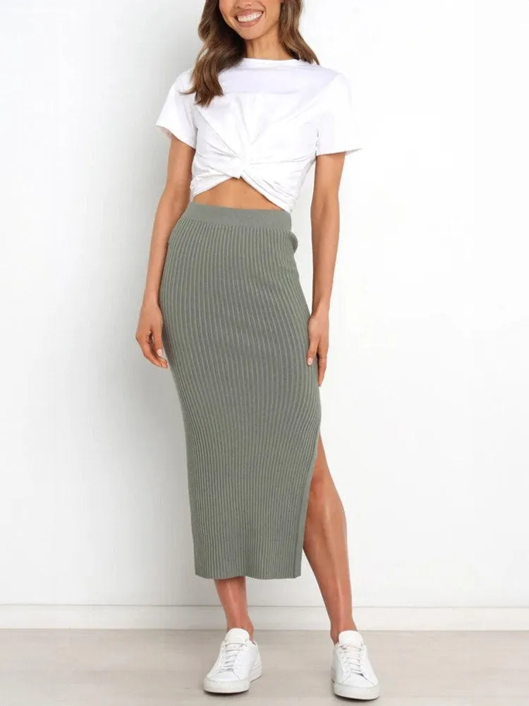 Grey Ribbed Knit Midi Skirts