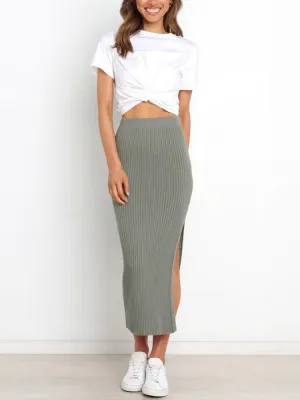 Grey Ribbed Knit Midi Skirts