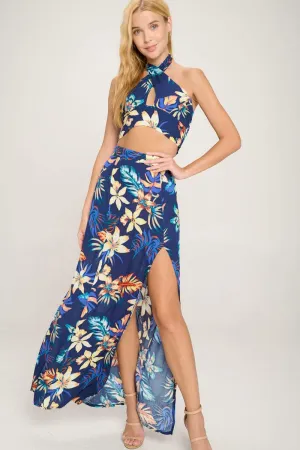 Halter Crop Top and Maxi Skirt Slit Set Tropical Printed