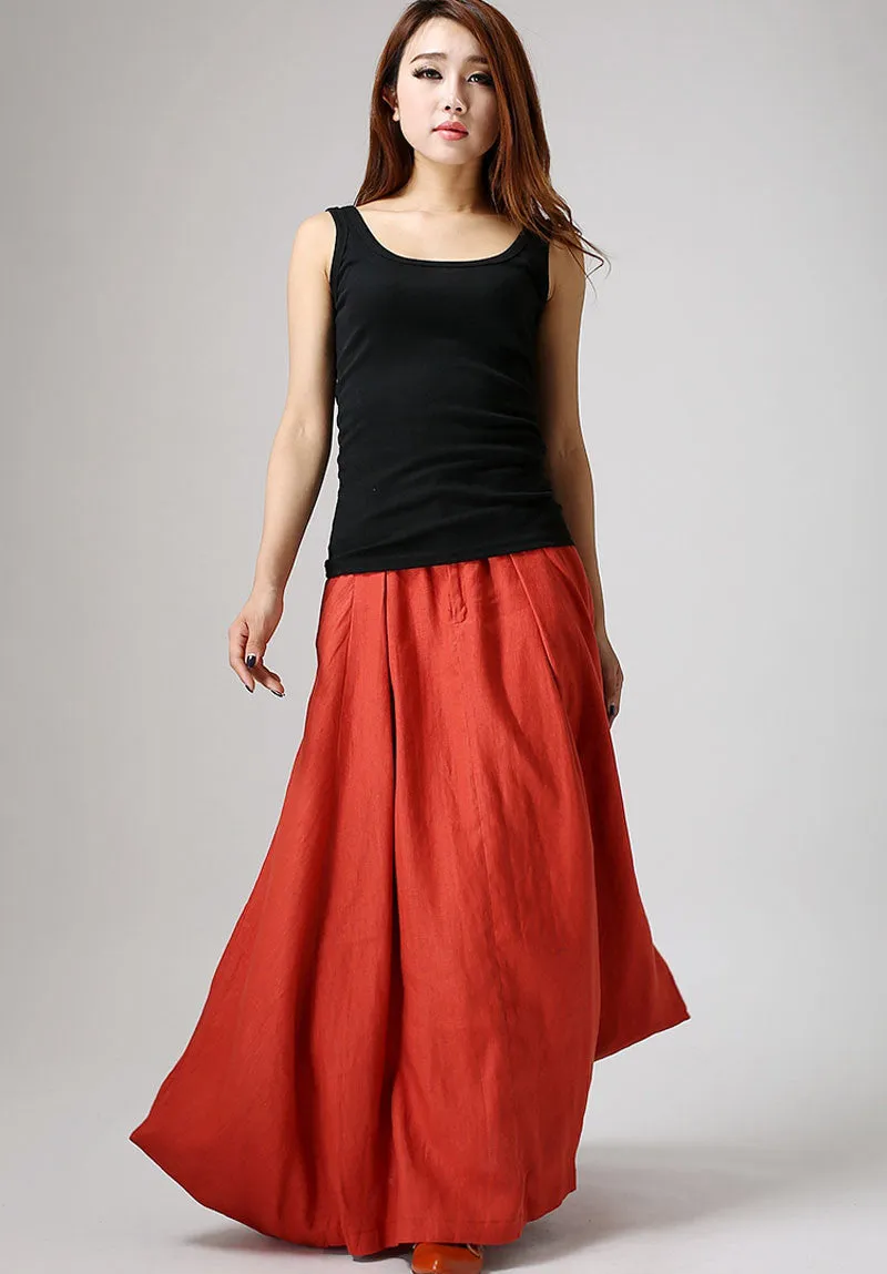 Handmade maxi linen skirt with asymmetrical hem line in orange 0896#