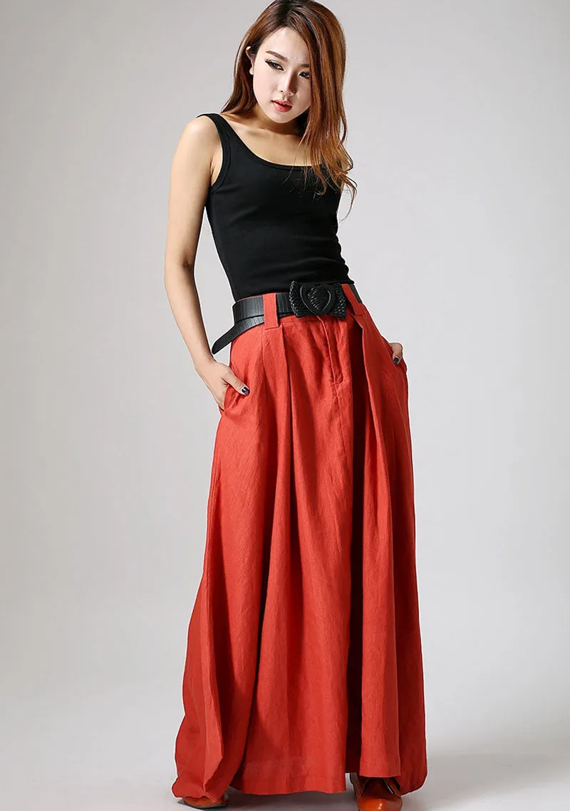 Handmade maxi linen skirt with asymmetrical hem line in orange 0896#