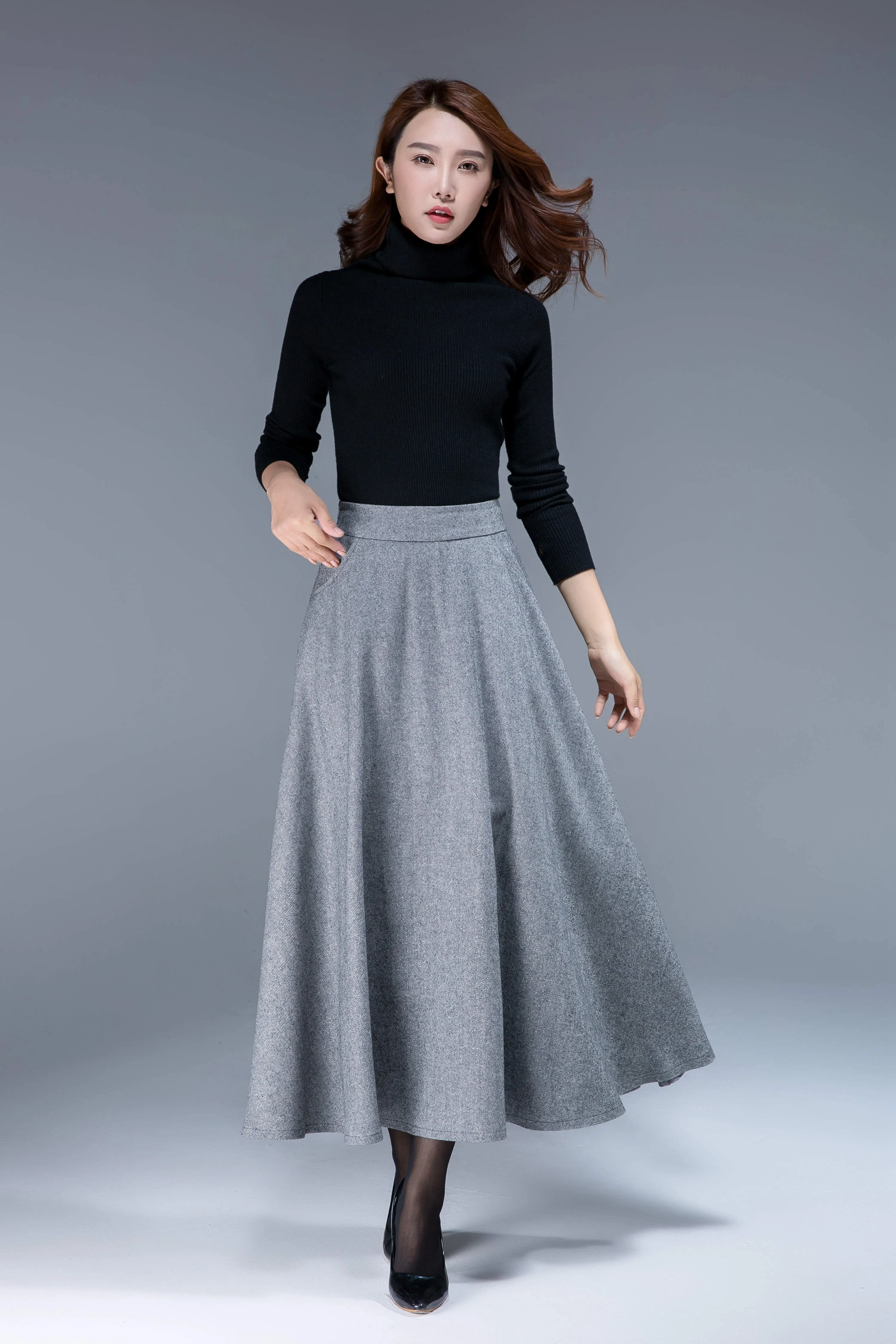 Handmade Women's Black Wool Maxi Skirt - High-Waisted A-Line Winter Skirt 1088#