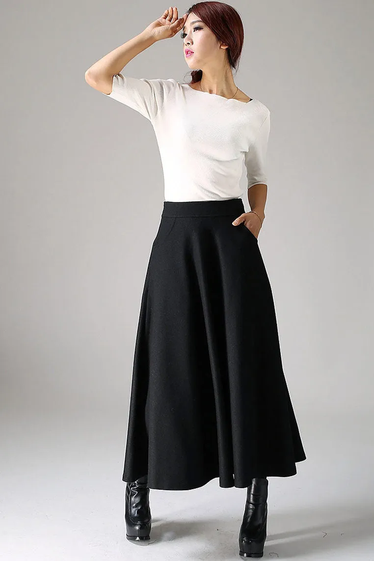 Handmade Women's Black Wool Maxi Skirt - High-Waisted A-Line Winter Skirt 1088#