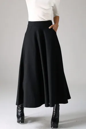 Handmade Women's Black Wool Maxi Skirt - High-Waisted A-Line Winter Skirt 1088#