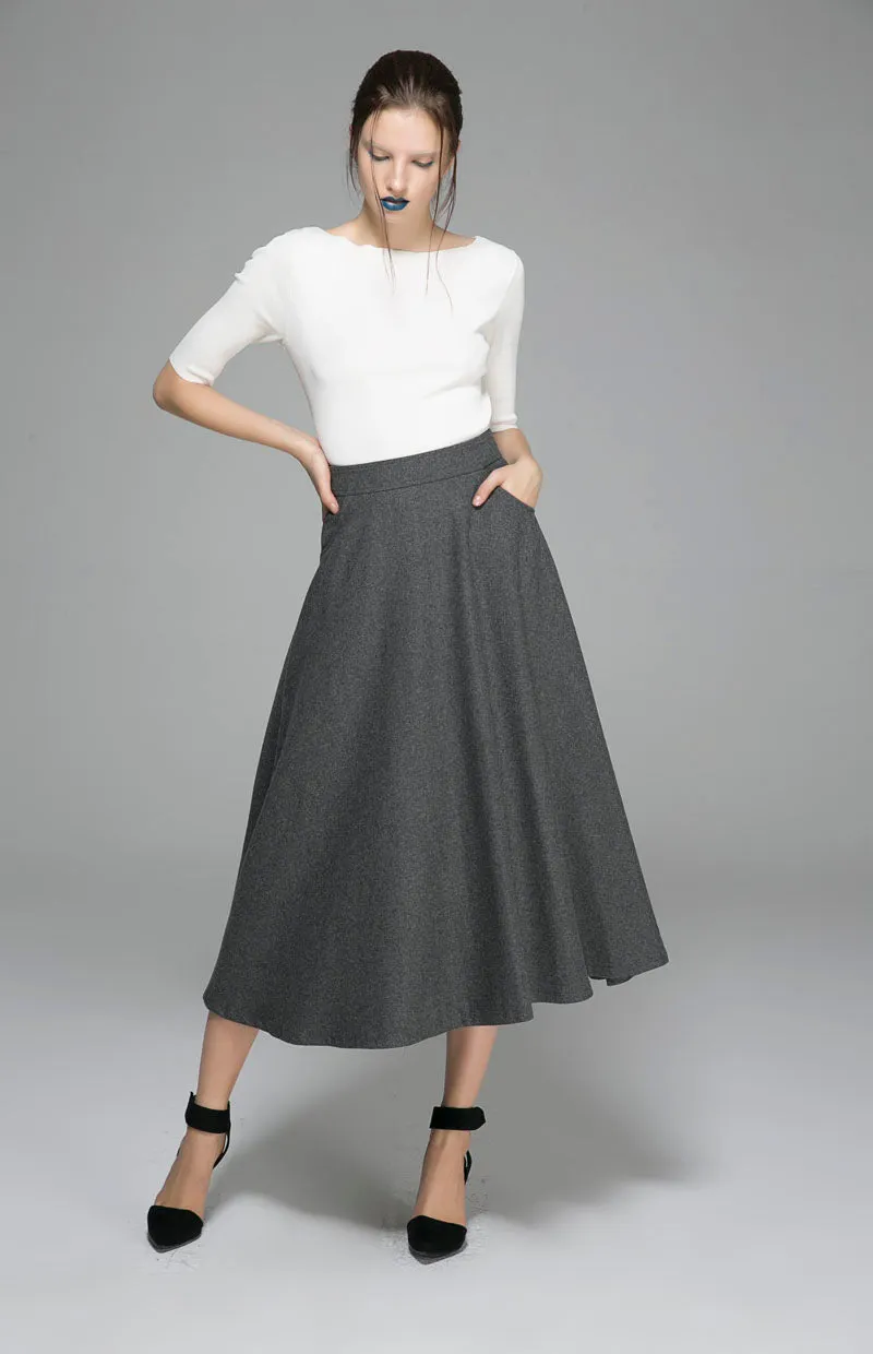 Handmade Women's Black Wool Maxi Skirt - High-Waisted A-Line Winter Skirt 1088#