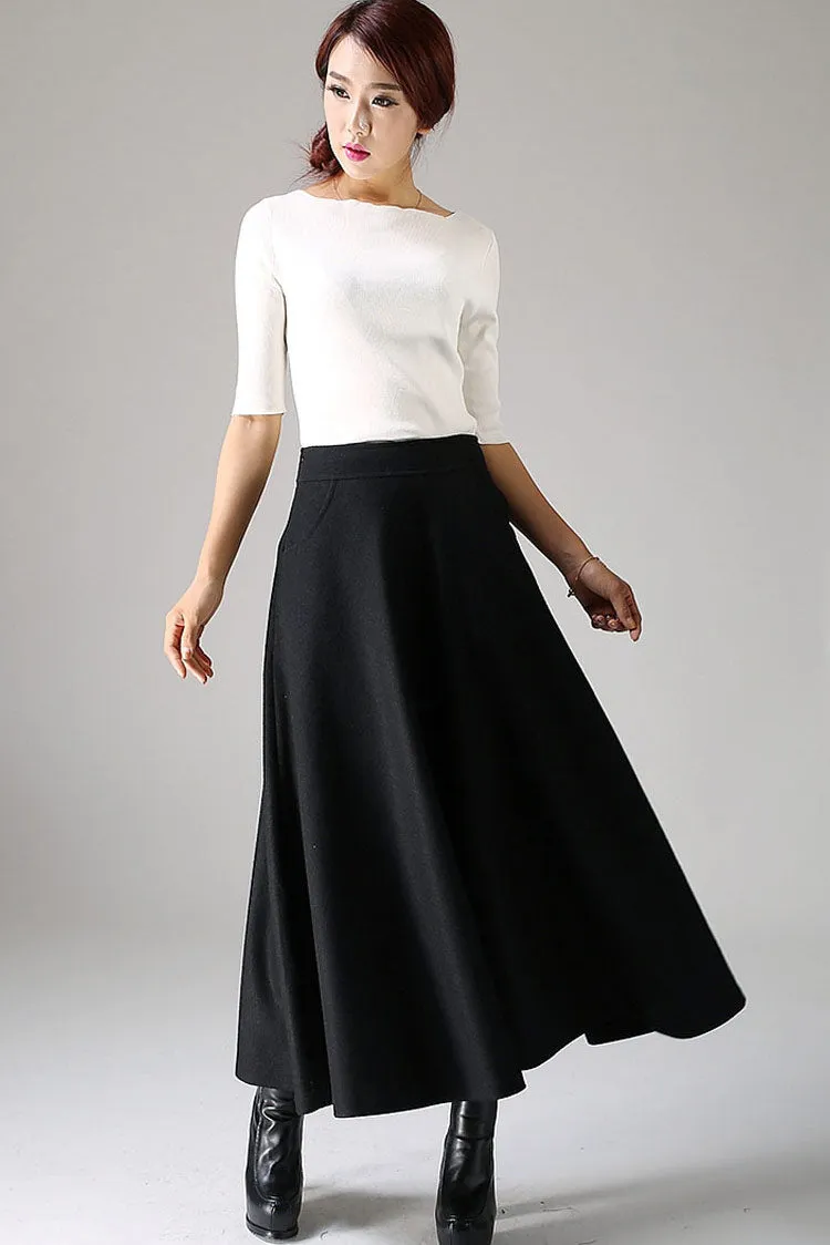 Handmade Women's Black Wool Maxi Skirt - High-Waisted A-Line Winter Skirt 1088#