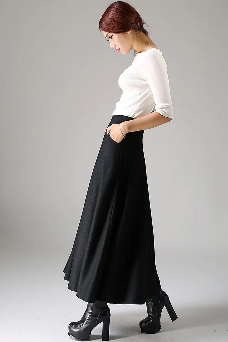 Handmade Women's Black Wool Maxi Skirt - High-Waisted A-Line Winter Skirt 1088#