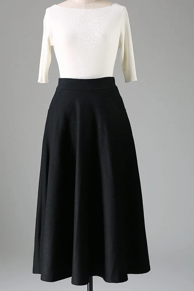 Handmade Women's Black Wool Maxi Skirt - High-Waisted A-Line Winter Skirt 1088#