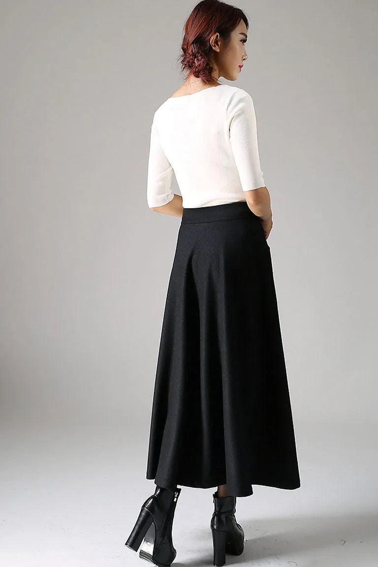 Handmade Women's Black Wool Maxi Skirt - High-Waisted A-Line Winter Skirt 1088#