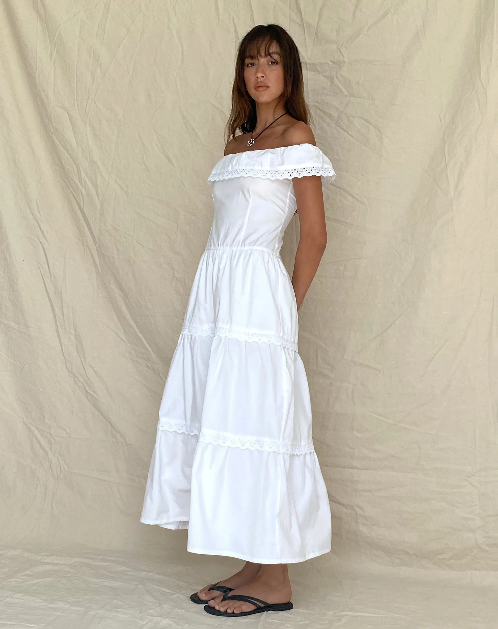 Helpa Tiered Bardot Maxi Dress in White