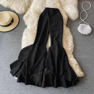 High Waist Ruffle Wide Flare, Elegant Leg Pants For Women