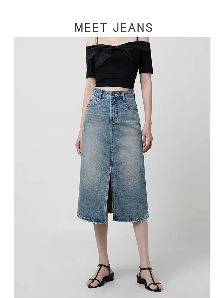 High-Waist Slit Denim Skirt