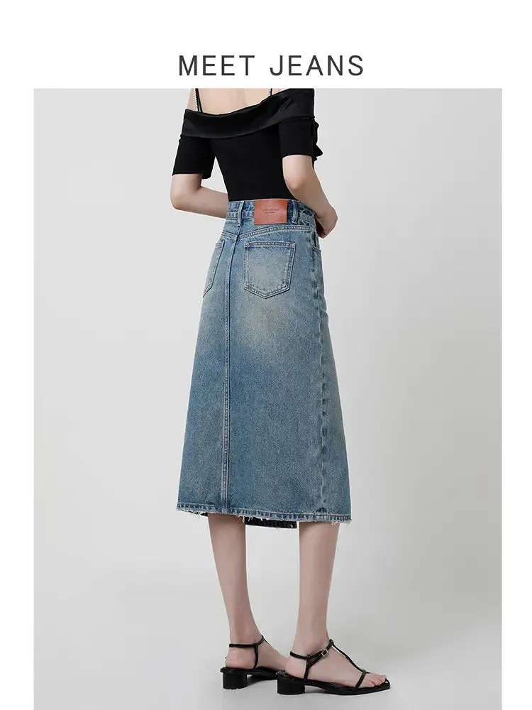 High-Waist Slit Denim Skirt