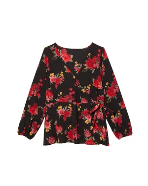 Kendra Long Sleeve Wrap Blouse | Black / Red