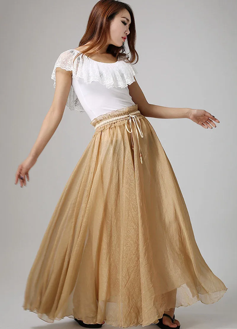 Khaki Chiffon skirt woman summer skirt custom made maxi skirt long skirt with ruffle waist detail (892)