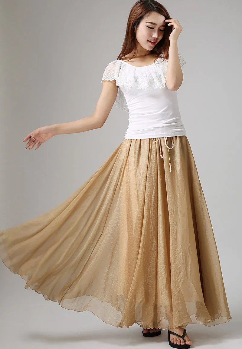 Khaki Chiffon skirt woman summer skirt custom made maxi skirt long skirt with ruffle waist detail (892)