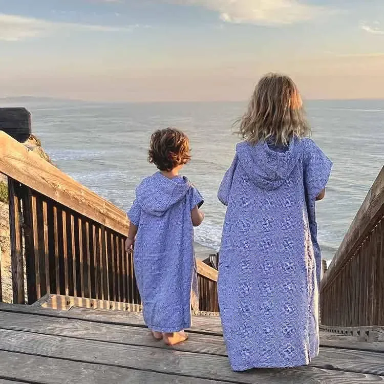 Kids Hooded Surf Poncho Swim Robe - 100% Cotton in Blue