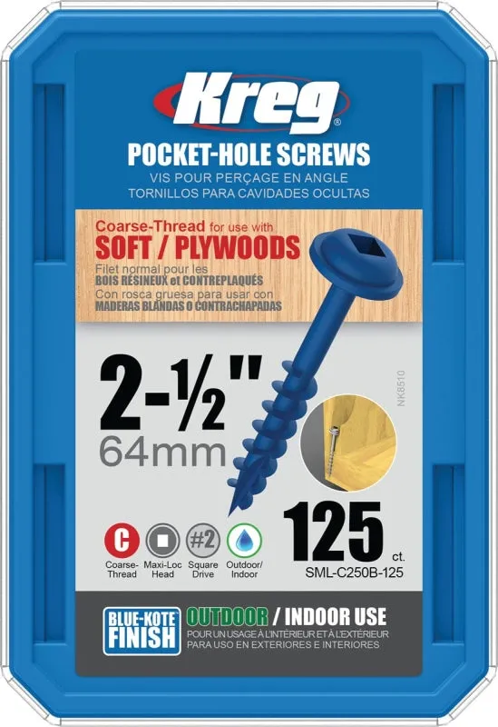 Kreg Blue-Kote SML-C250B-125 Pocket-Hole Screw, #8 Thread, Coarse Thread, Maxi-Loc Head, Square Drive, Carbon Steel, 125/PK :CD125: QUANTITY: 1