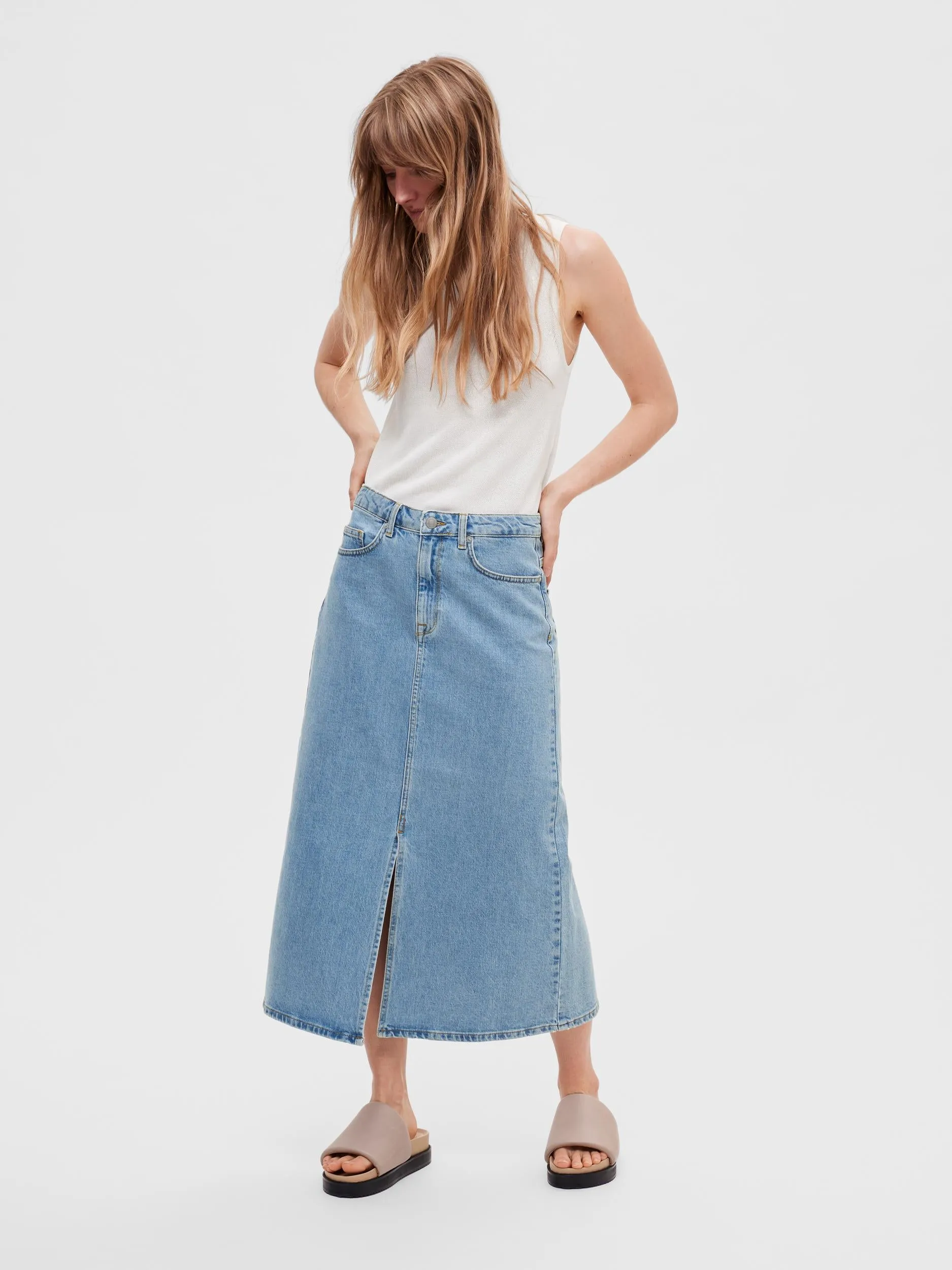 Krista-Gerda Hw Long Denim Maxi Skirt - Light Blue Denim