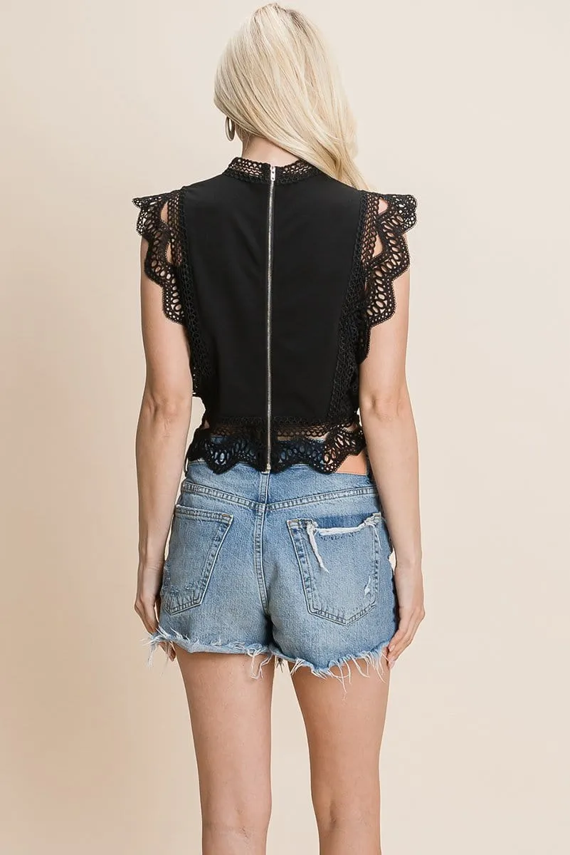 Lace Mock Neck Zip Back Crop Top