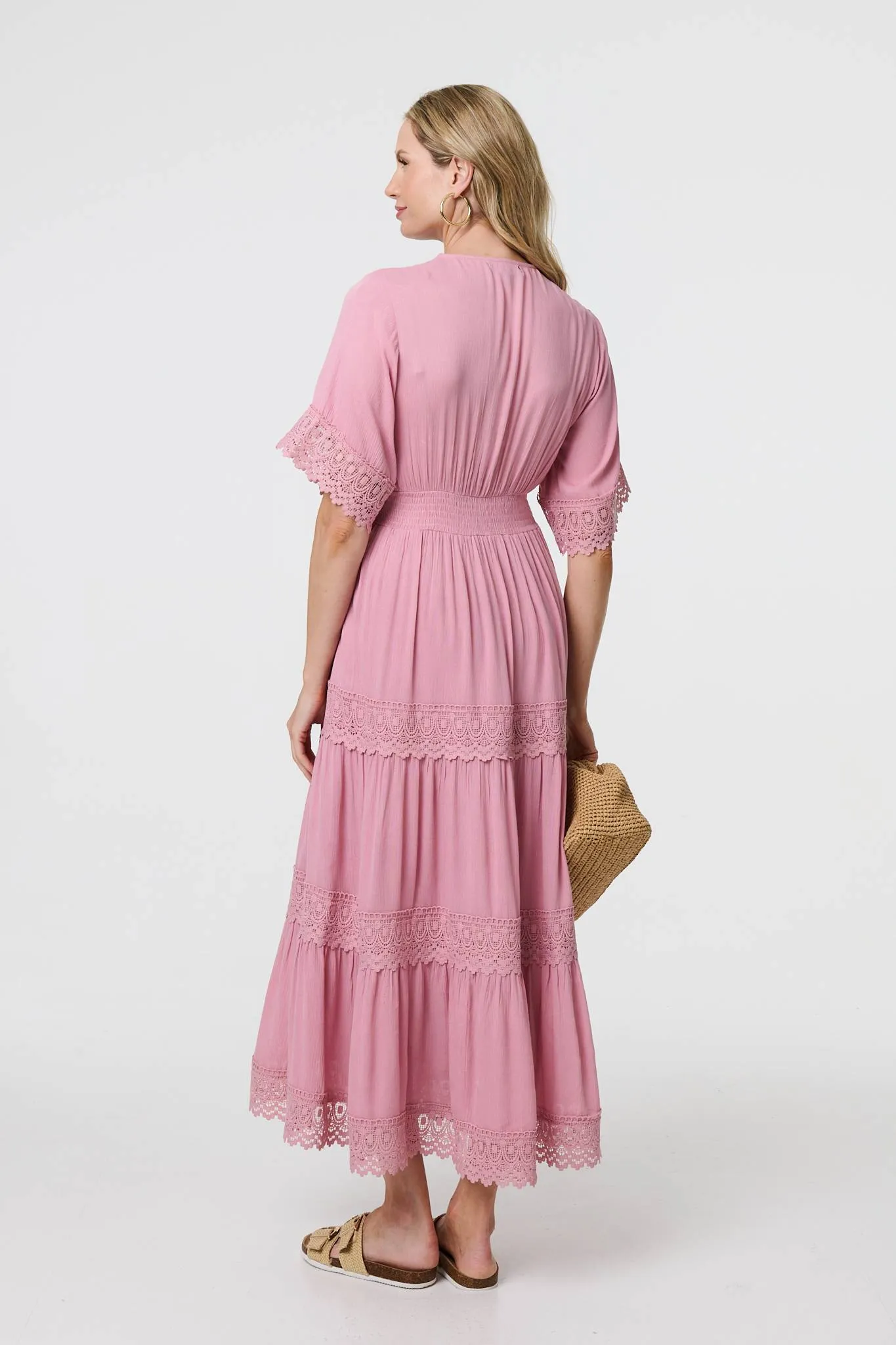 Lace Trim 1/2 Angel Sleeve Maxi Dress