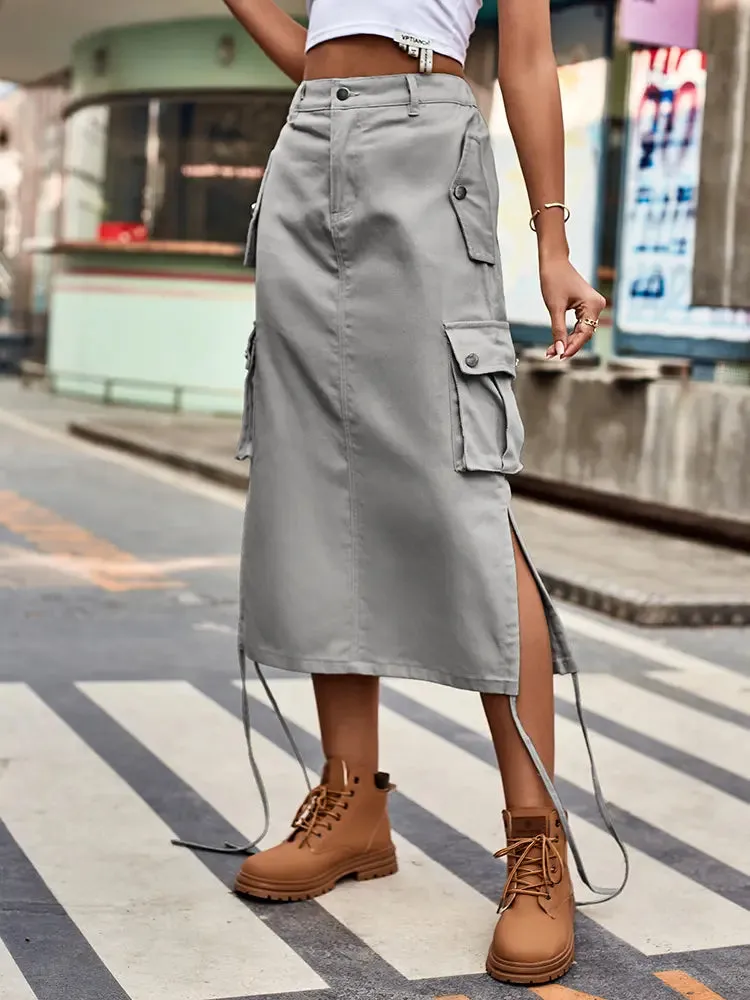 Lace-Up Denim Cargo Skirt