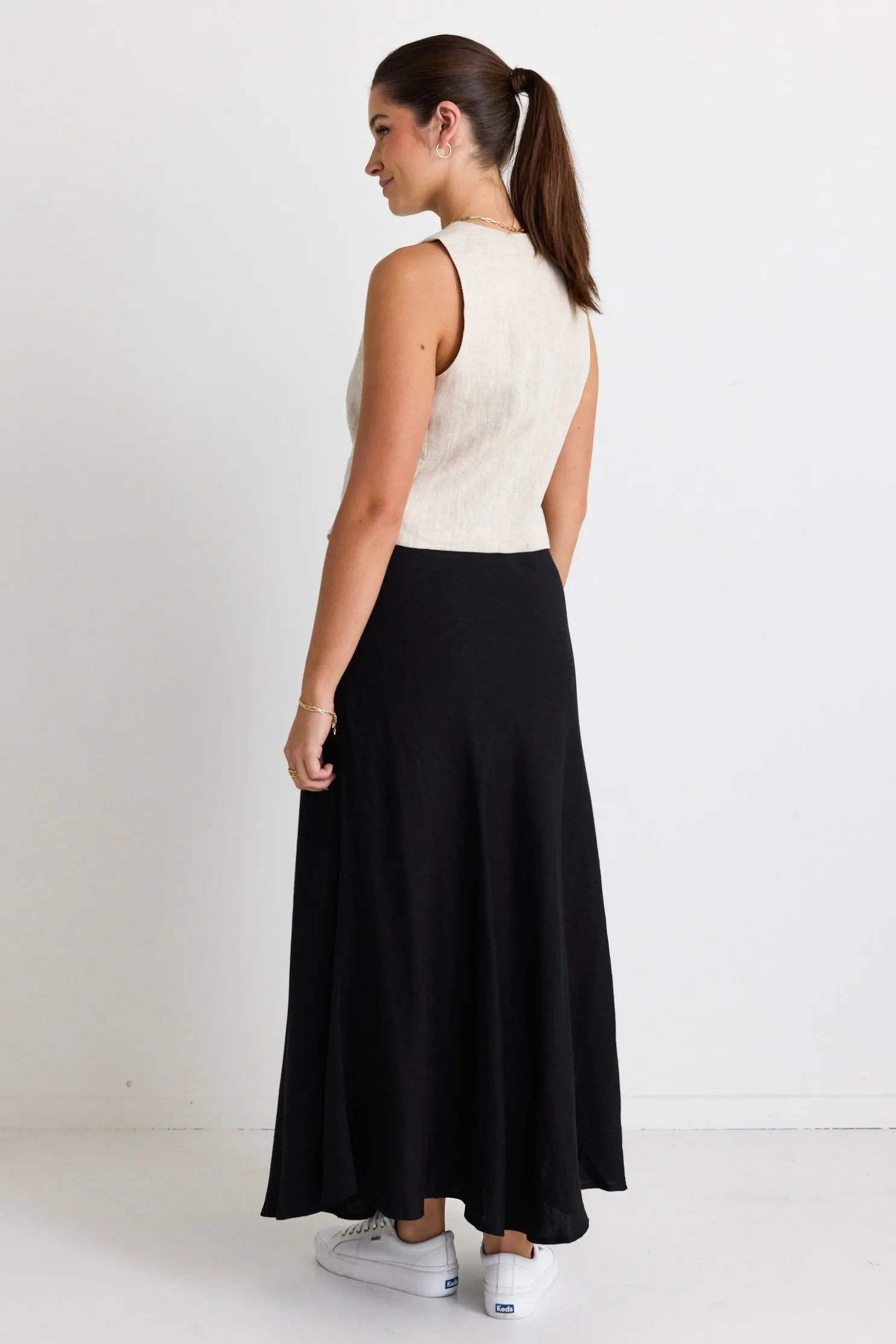 Lagos Black Linen Floaty Bias Cut Maxi Skirt