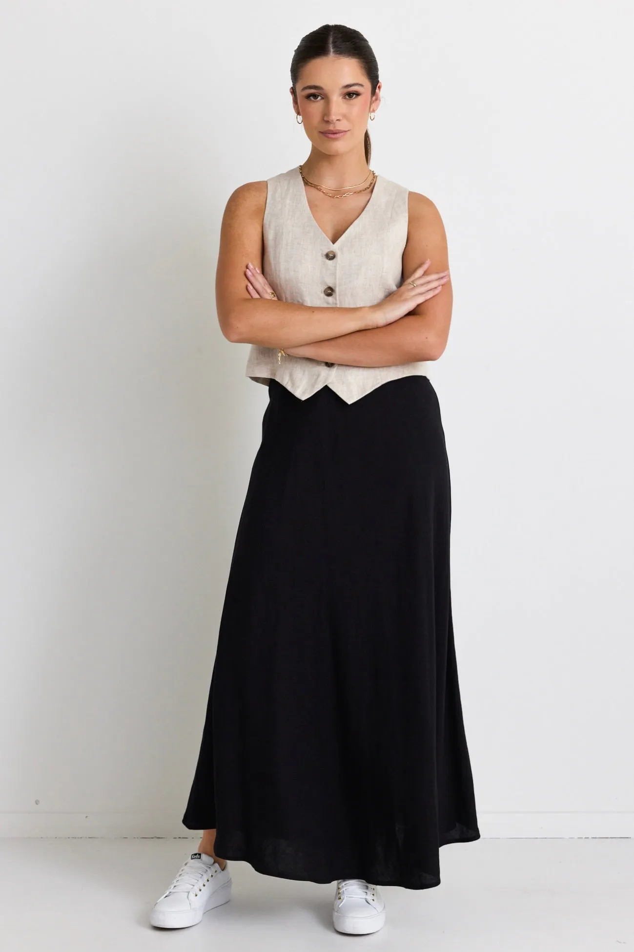 Lagos Black Linen Floaty Bias Cut Maxi Skirt