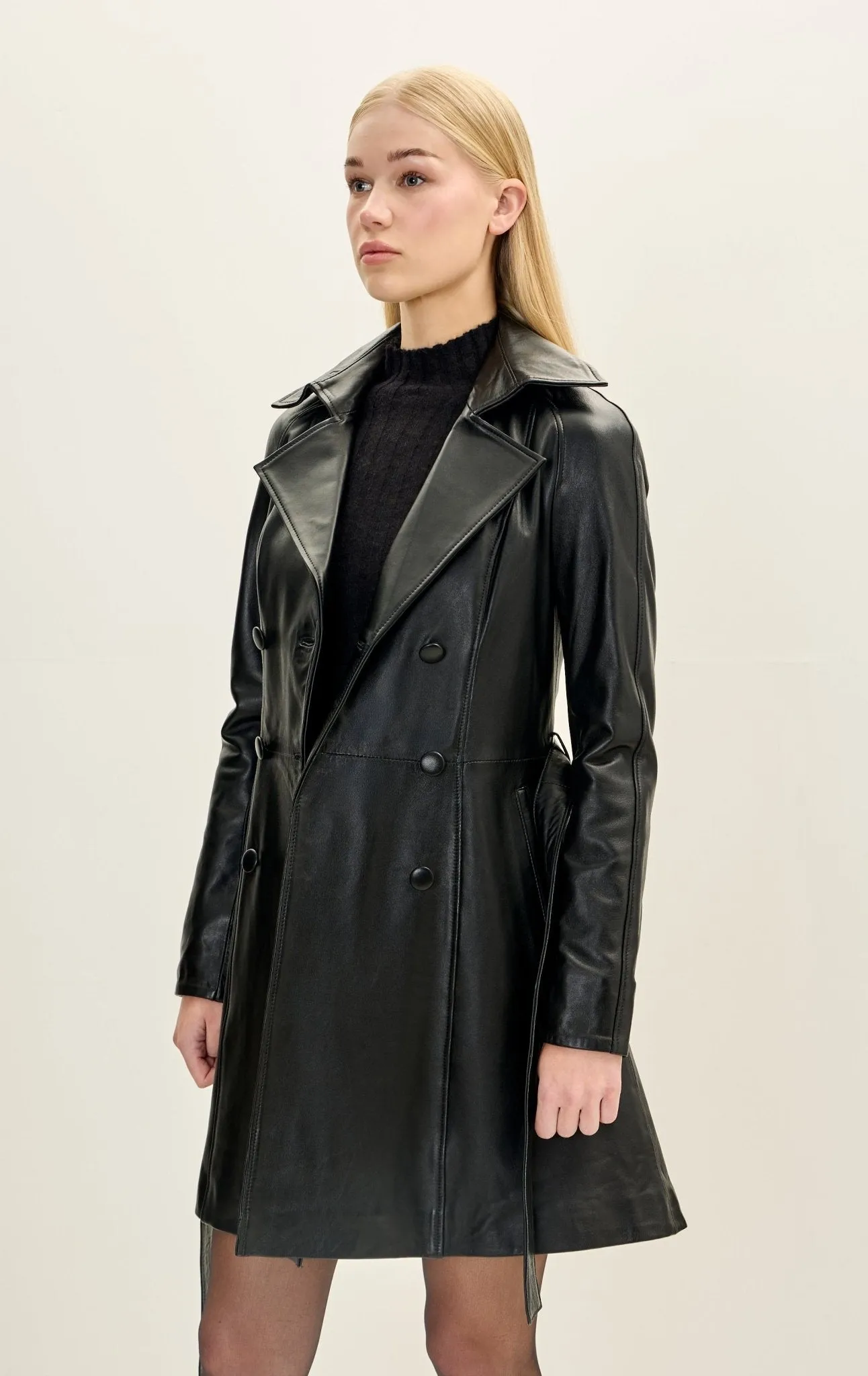 Lambskin Leather Double Breasted Trench Coat - Black