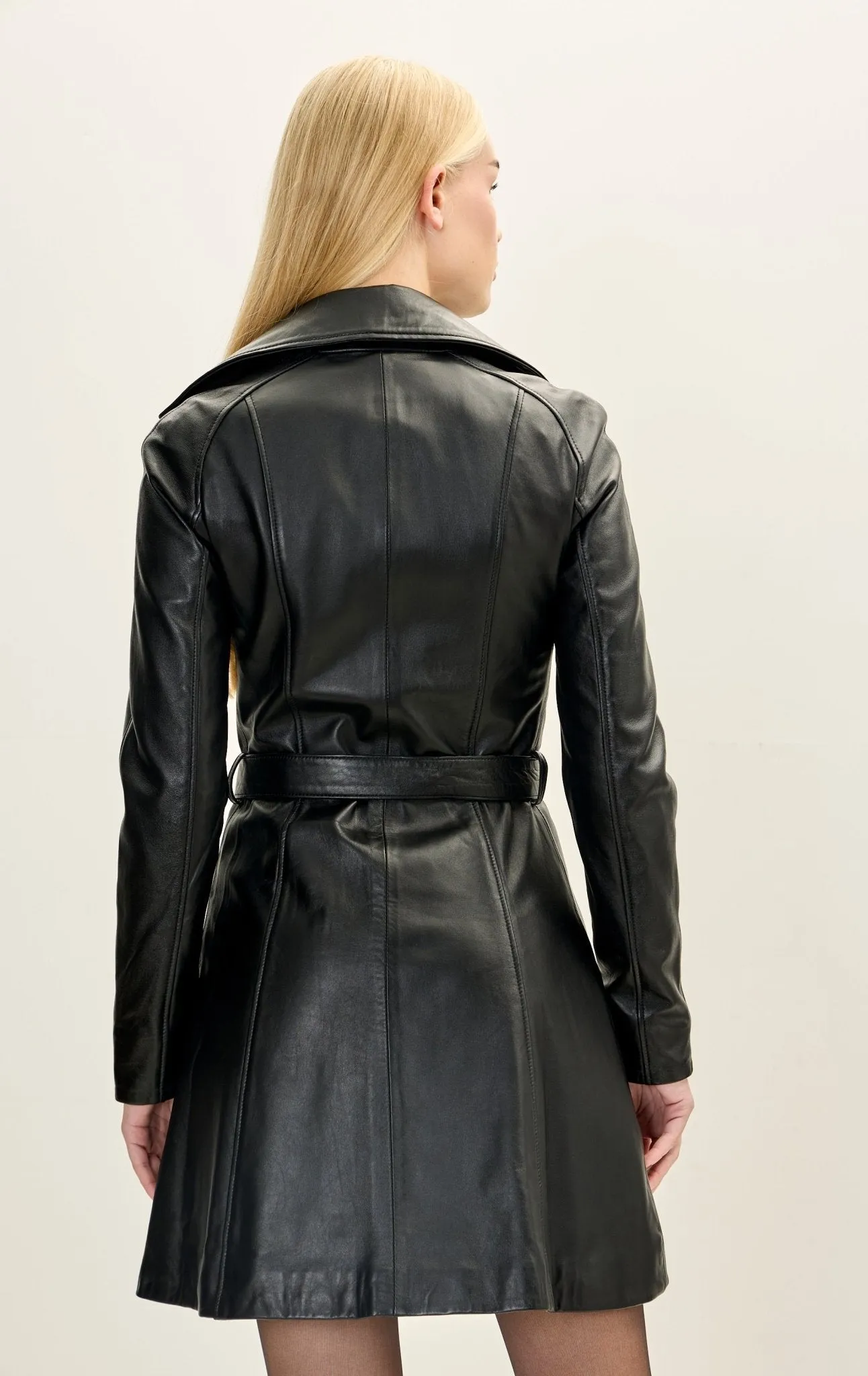 Lambskin Leather Double Breasted Trench Coat - Black