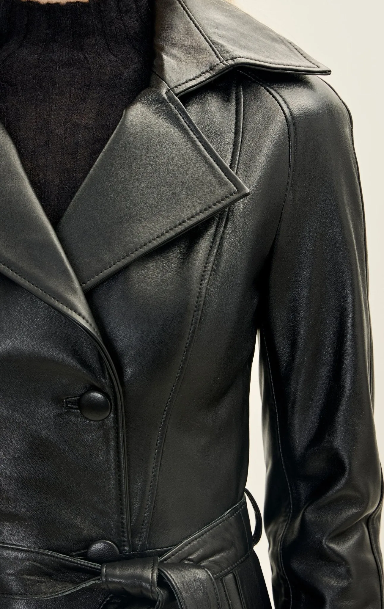 Lambskin Leather Double Breasted Trench Coat - Black